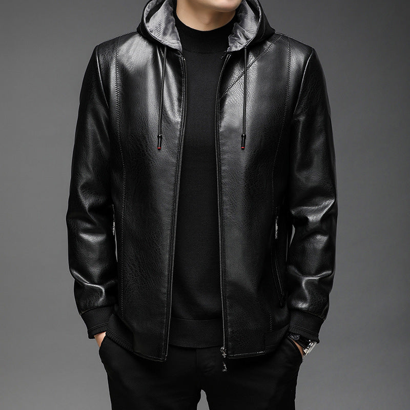 Herren Lederimitat-Hoodiejacke mit Kapuze, Reißverschluss und schmaler Silhouette Echo Archiv