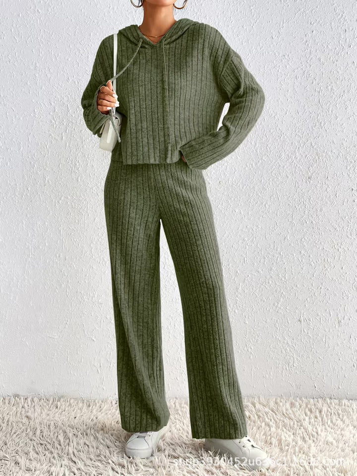 Damen Geripptes Kuschel-Lounge-Set aus Chenille mit Kapuzenpullover und weitem Hosenbein Echo Archiv