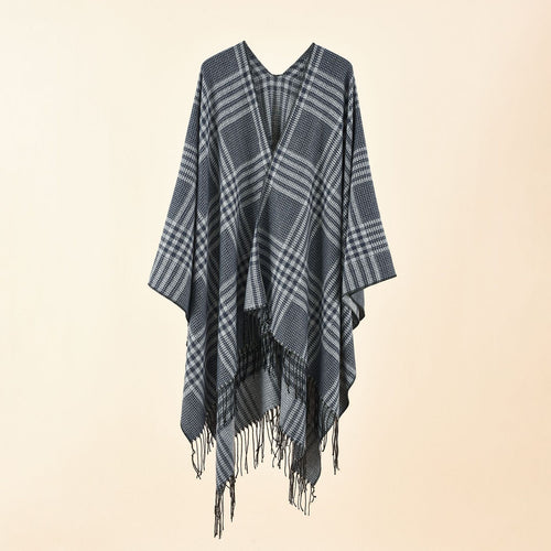 Damen Ruana-Poncho mit V‑Ausschnitt, kastigem Kimono-Fall und Fransensaum Echo Archiv