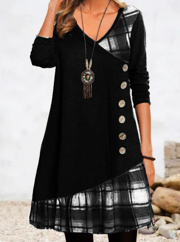 Damen nan asymmetrisches V-Ausschnitt-Tunika-Kleid mit Zierknopfleiste und Animalprint-Besatz Echo Archiv