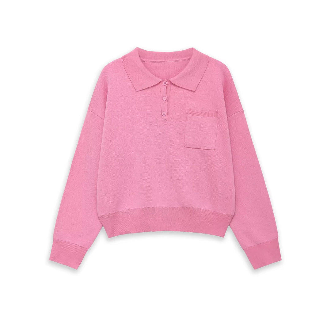 Damen Strick-Polo-Pullover mit Knopfleiste, Brusttasche und überschnittener Schulter Echo Archiv