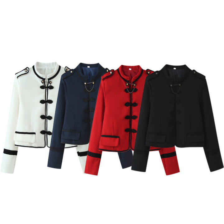 Damen Kurzjacke im Bouclé‑Look mit Mandarin‑Kragen, Kordelfroschverschluss und Zier‑Schulterklappen Echo Archiv