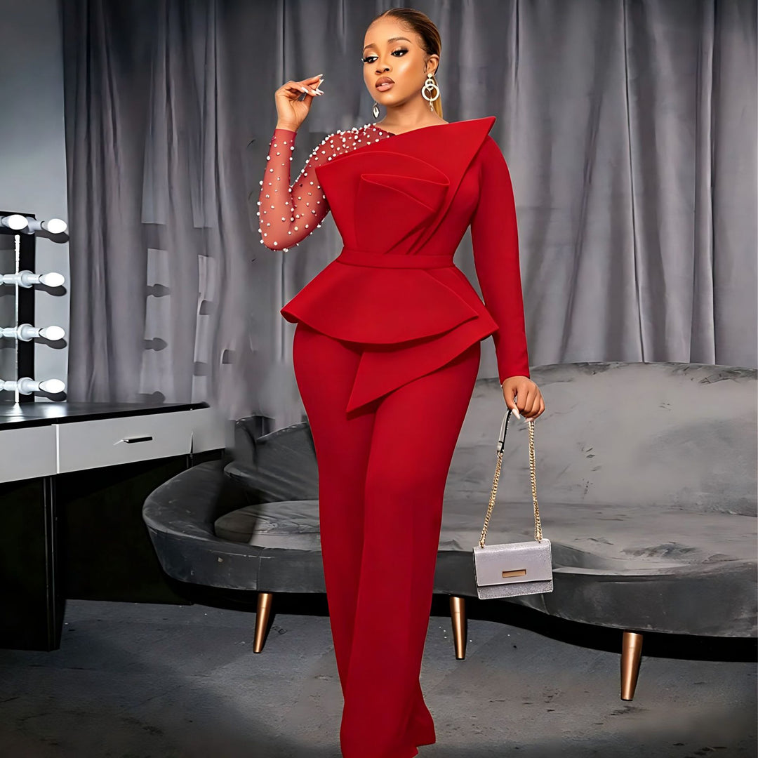Damen eleganter Jumpsuit mit asymmetrischem Oberteil und raffiniertem Rüschendesign Echo Archiv