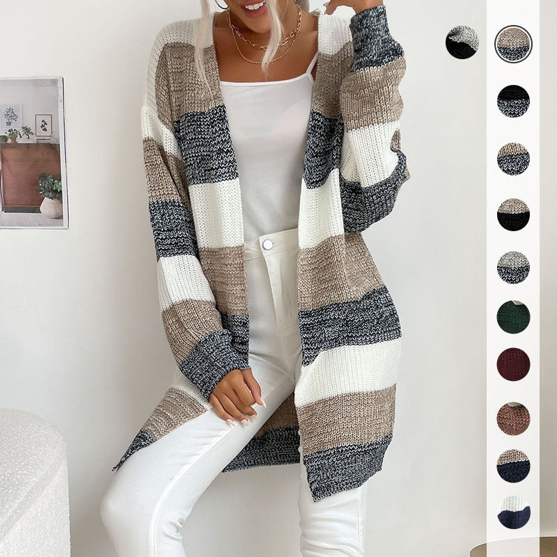 Damen Longline Strickcardigan mit breiten Blockstreifen, offener Front und überschnittener Schulter Echoarchiv
