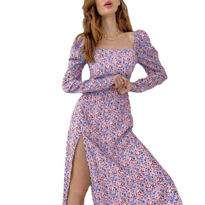 Damen Midikleid mit quadratischem Ausschnitt, tailliertem Bustier-Oberteil, Puffschulter und hohem Beinschlitz – Élara