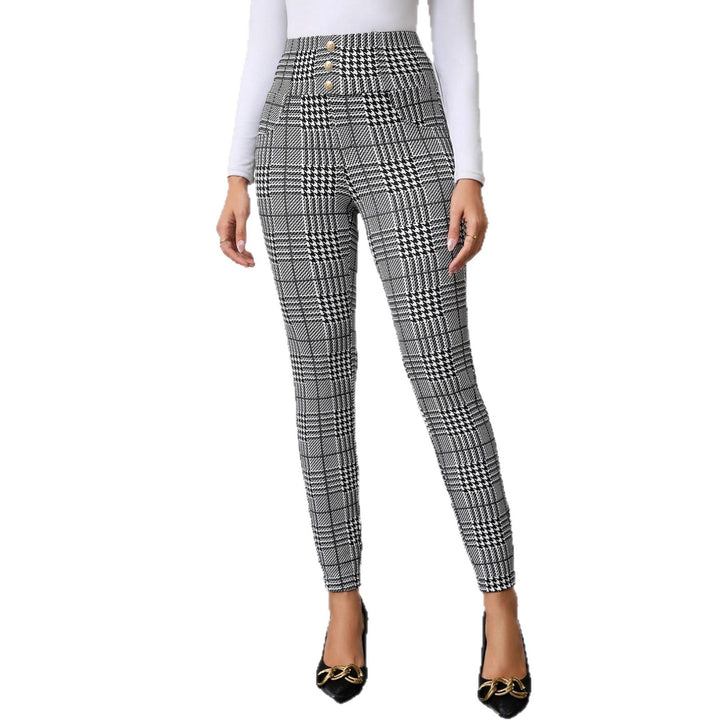 Damen Hochtaillierte Slim-Fit Businesshose mit Glencheck-Muster und Stretch – Avérine