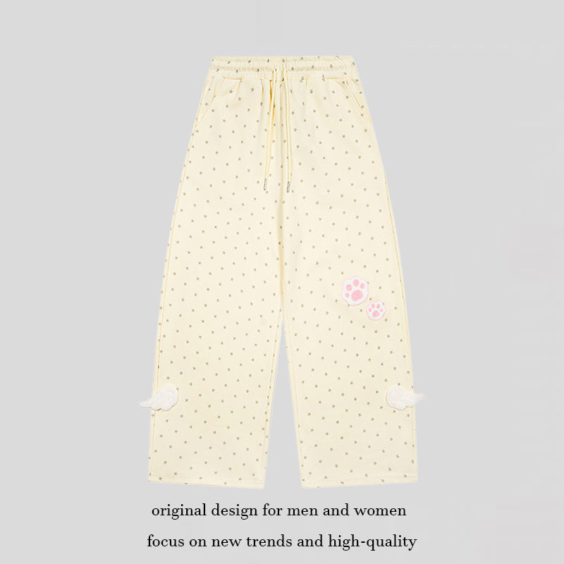 Damen Weite Lounge-Hose mit elastischem Bund, Sternenallover und Pfoten-Applikation Echoarchiv
