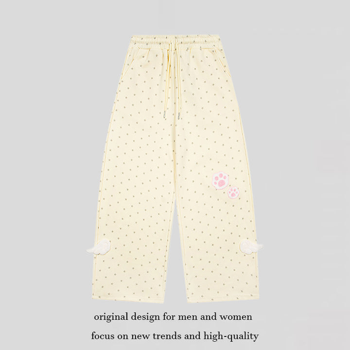 Damen Weite Lounge-Hose mit elastischem Bund, Sternenallover und Pfoten-Applikation Echoarchiv