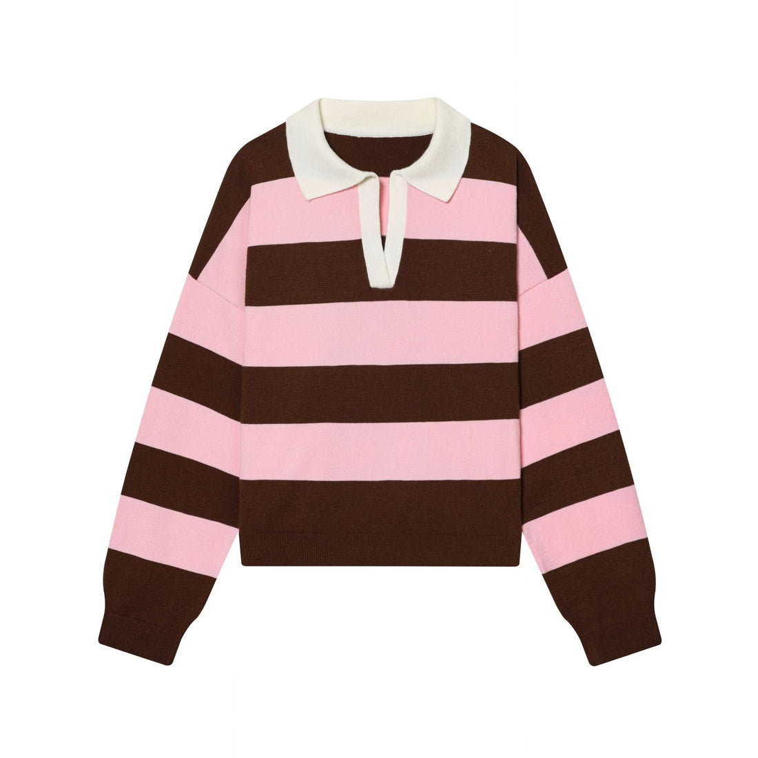 Damen gestreifter Rugby-Pullover mit Polokragen, offenem V‑Ausschnitt und breitem Rippbund – Mavelle