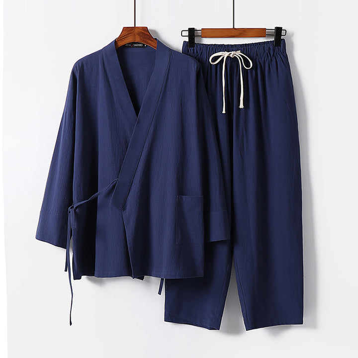 Unisex Leichtes Kimono-Lounge-Set aus weichfallendem Baumwoll-Mix mit Tunnelzughose Echoarchiv