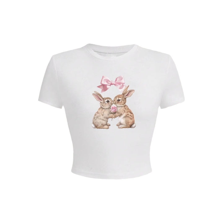 Damen Crop-Top mit entzückendem Kaninchenmotiv und Schleifendruck Echo Archiv