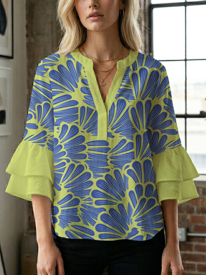 Damen elegantes Blusenshirt mit voluminösen Rüsenärmeln und grafischem Blumendesign Echo Archiv