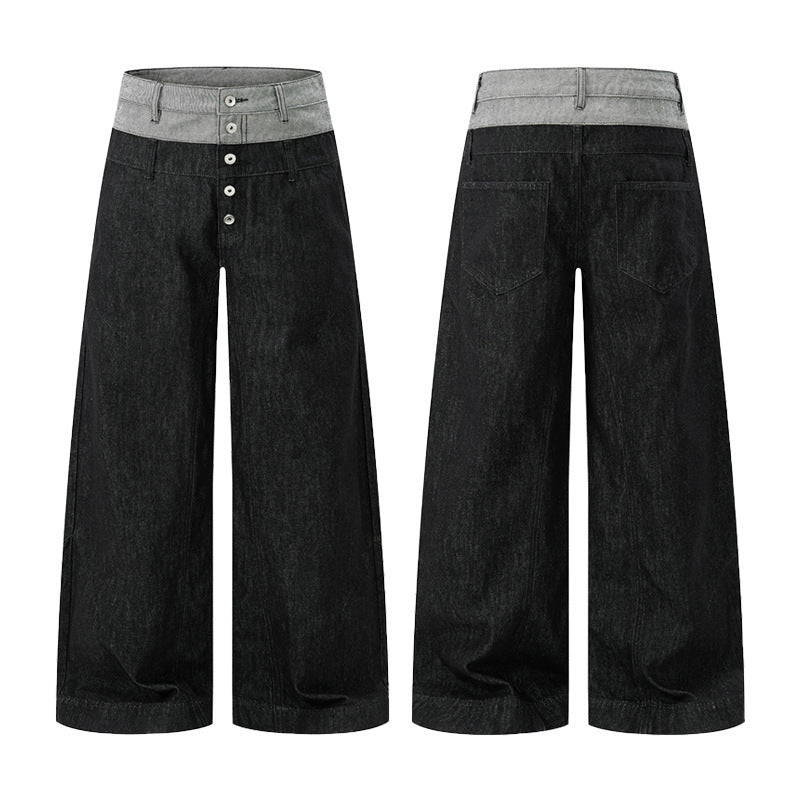 Herren Weit geschnittene Doppelbund-Denim-Palazzohose mit sichtbarer Knopfleiste Echo Archiv
