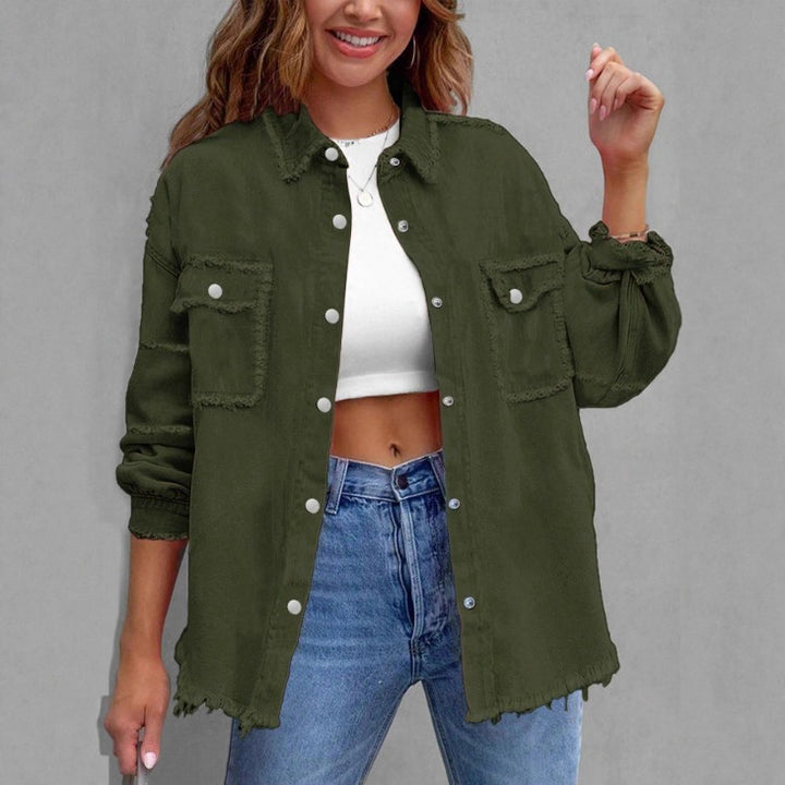 Damen Lässige Oversized-Denim-Hemdjacke mit Rohsaum und Pattentaschen Echo Archiv