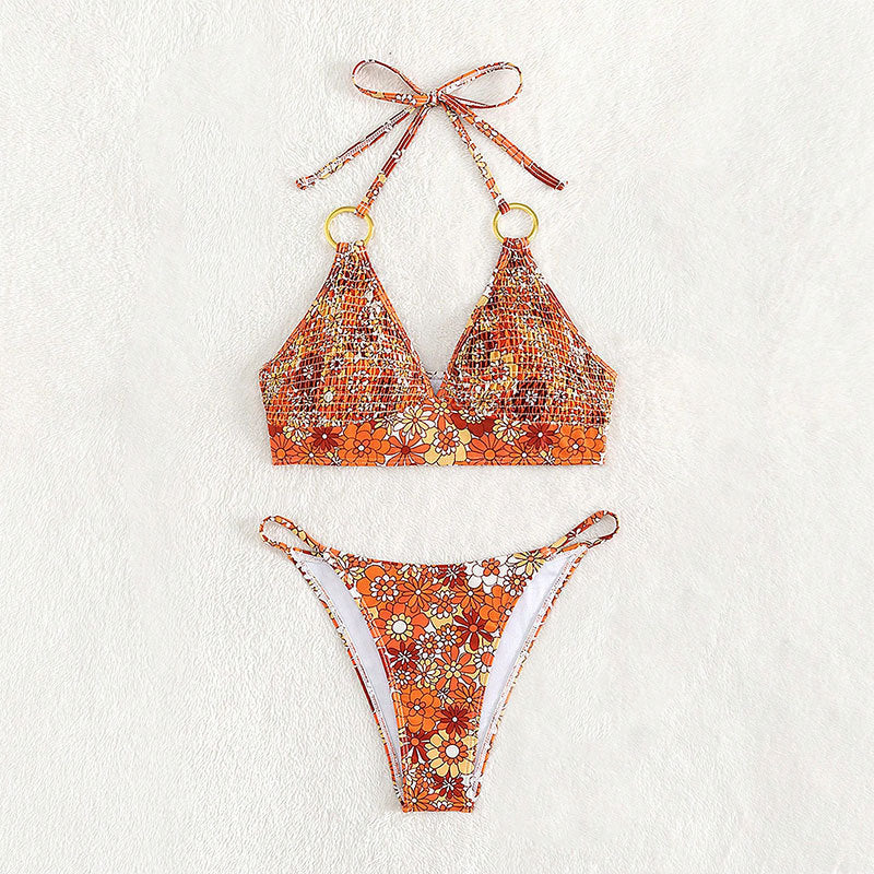 Damen Triangel-Bikini mit floralem Muster und goldenen Ringdetails Echo Archiv