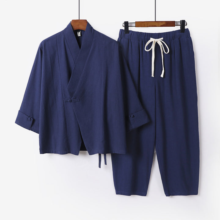 Herren Atmungsaktives Leinen-Baumwoll Lounge-Set mit asymmetrischem V-Kragen und elastischer Kordelhose Echoarchiv