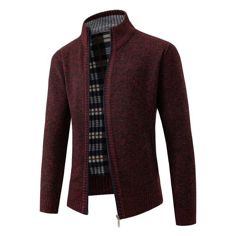Herren Strukturiertes Zip-Strickjacke mit Karo‑Fleece‑Futter und Stehkragen Echo Archiv