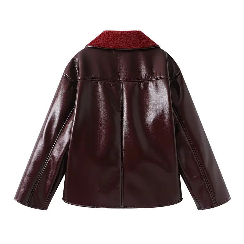 Damen nan kastige Kunstlederjacke mit Teddykragen und Taschenbesätzen Echo Archiv