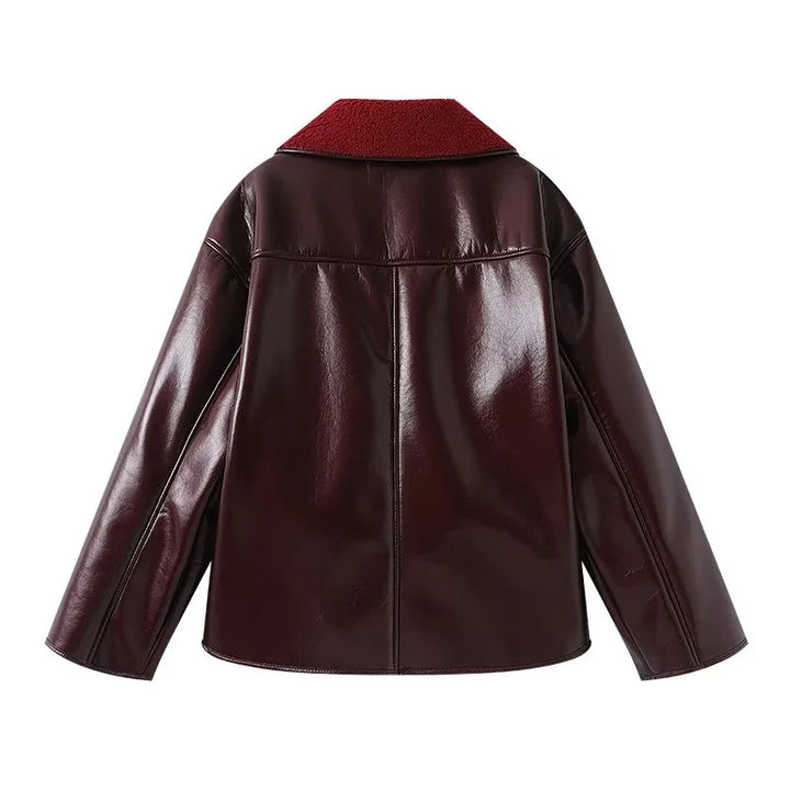 Damen nan kastige Kunstlederjacke mit Teddykragen und Taschenbesätzen Echo Archiv