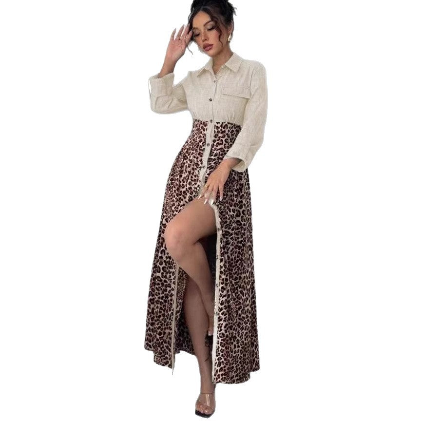 Damen Hemdblusenkleid mit Jeansoberteil und Leoparden-Maxirock – Élovi