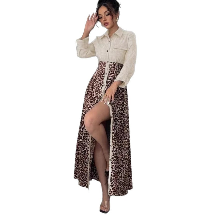 Damen Hemdblusenkleid mit Jeansoberteil und Leoparden-Maxirock – Élovi