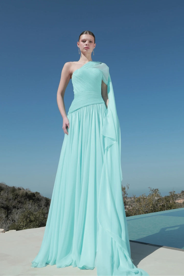 Damen Maxi-Kleid mit asymmetrischem Ausschnitt und fließendem Stoff Echo Archiv