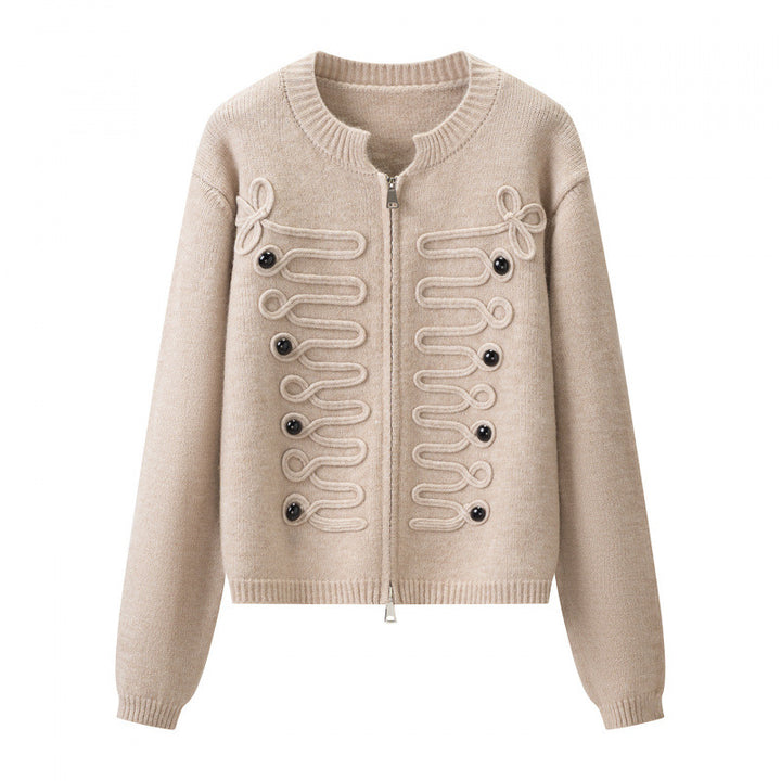 Damen Kurz geschnittene Strickjacke mit dekorativen Kordelapplikationen und Zwei-Wege‑Reißverschluss Echo Archiv