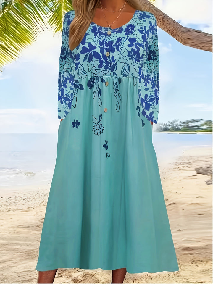 Damen Maxikleid mit V-Ausschnitt, Blumenprint, Knopfleiste und Eingrifftaschen Echoarchiv