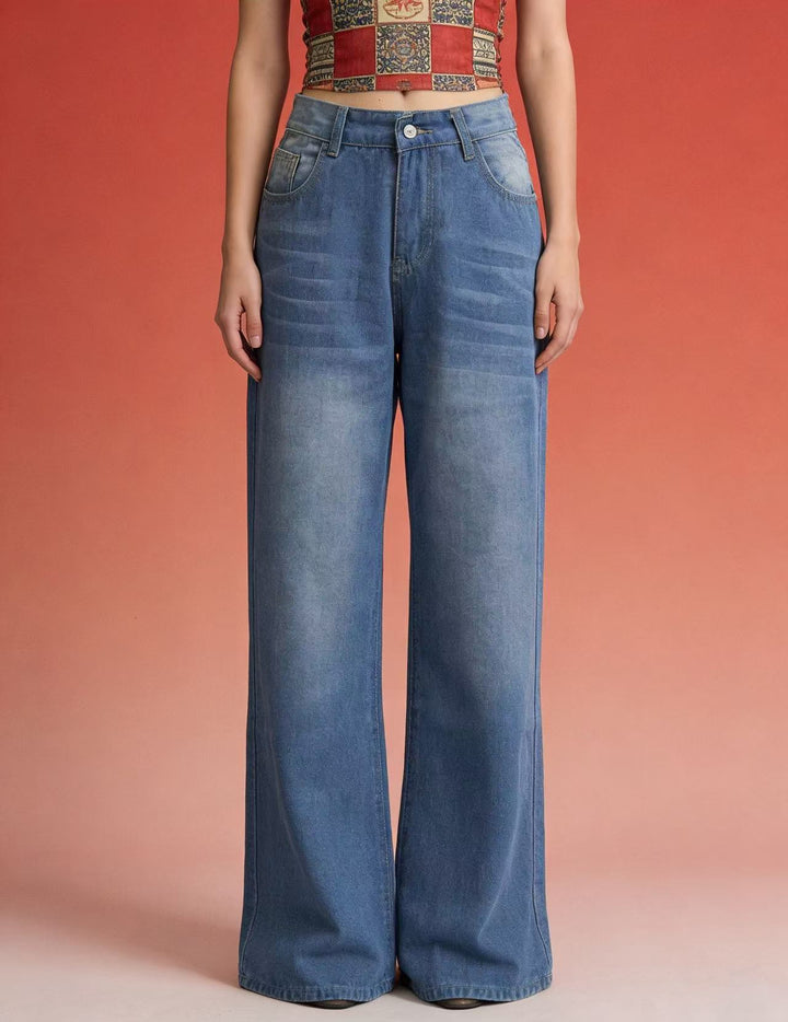 Damen weite Denim-Hose mit Vintage-Waschung und hoch geschnittenem Bund Echo Archiv
