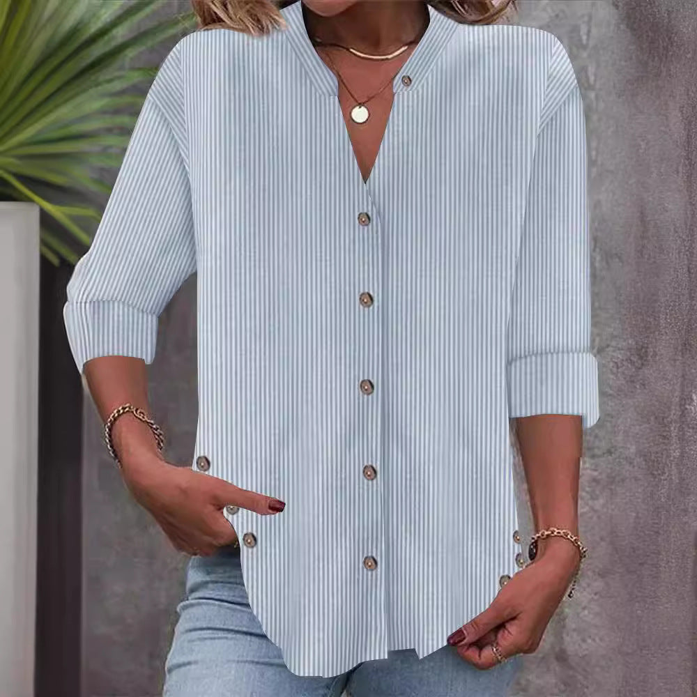 Damen Freizeit Gestreiftes Hemd Bluse mit Stehkragen, Durchgängige Knopfleiste und Roll-up 3/4 Ärmeln – Élovi