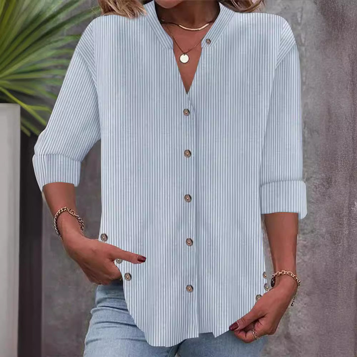 Damen Freizeit Gestreiftes Hemd Bluse mit Stehkragen, Durchgängige Knopfleiste und Roll-up 3/4 Ärmeln – Élovi