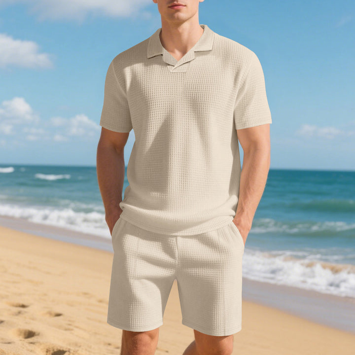 Herren lässiges Polo- und Shorts-Set aus atmungsaktivem Strukturgewebe Echoarchiv