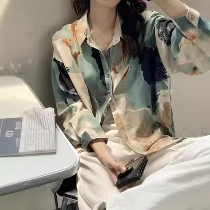 Damen Seidenoptik-Hemdbluse mit abstraktem Print und Oversize-Schnitt Echo Archiv