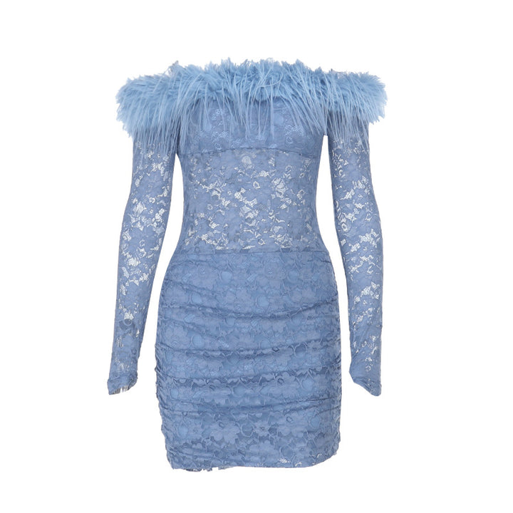 Damen elegantes Spitzenkleid mit federbesetztem Ausschnitt und langem Arm Echo Archiv