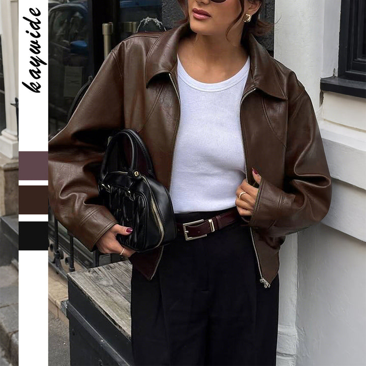 Damen kurze Oversize-Lederjacke mit Hemdkragen, sichtbarem Reißverschluss und lässiger Silhouette – Velloura