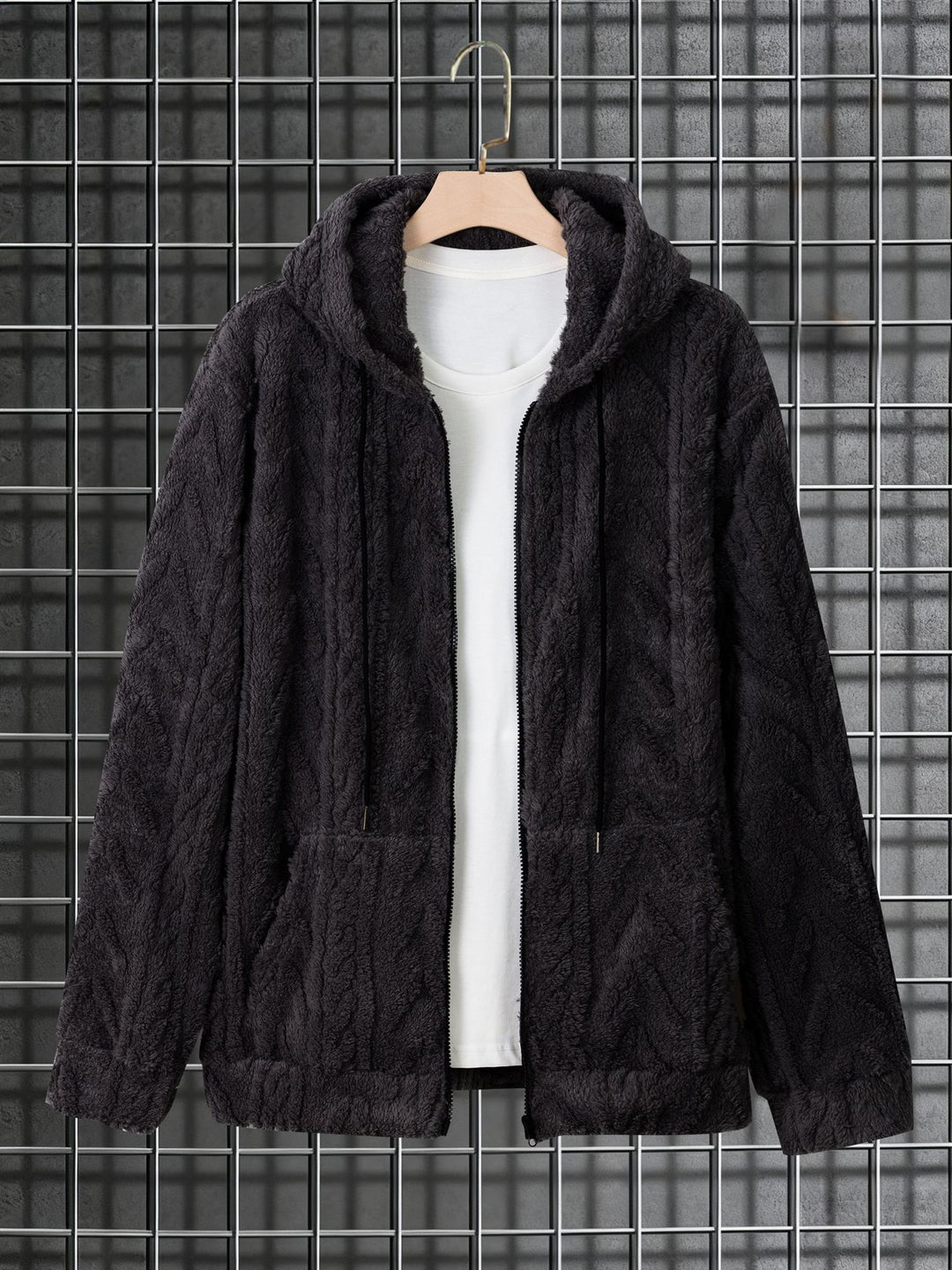 Herren kuschelige Kapuzenjacke aus Teddyfleece mit durchgehendem Reißverschluss und Kängurutaschen – Cavarno