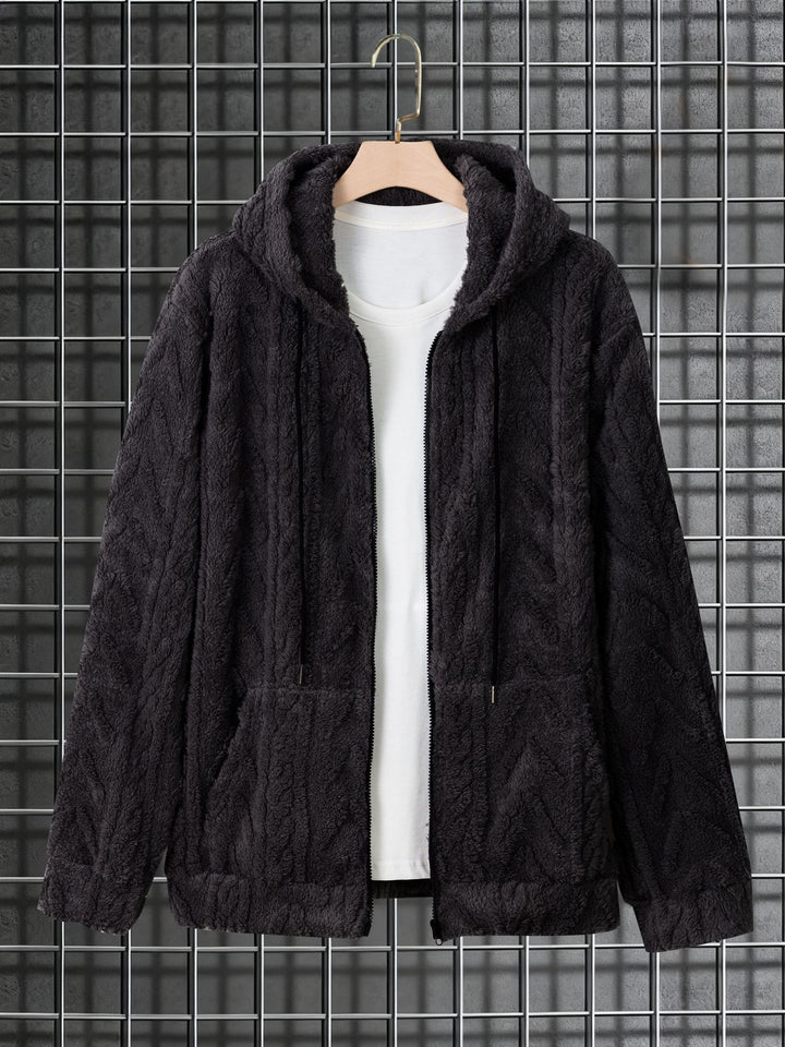 Herren kuschelige Kapuzenjacke aus Teddyfleece mit durchgehendem Reißverschluss und Kängurutaschen – Cavarno