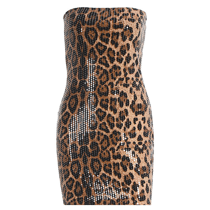 Damen Glitzerndes Minikleid mit Leopardenmuster und Spaghettiträgern Echo Archiv