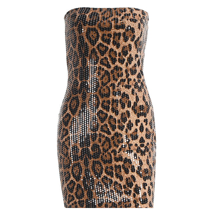 Damen Glitzerndes Minikleid mit Leopardenmuster und Spaghettiträgern Echo Archiv