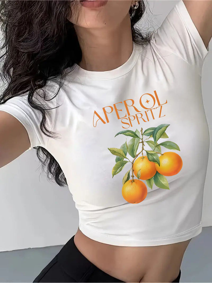 Damen Crop-T-Shirt mit kreativem Motiv und figurbetontem Schnitt Echo Archiv