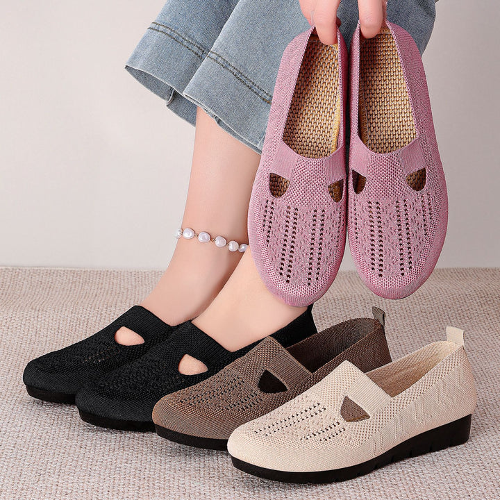 Damen nan atmungsaktiver gestrickter Mary-Jane-Slipper mit elastischem Riemen und rutschfester Keilsohle Echo Archiv