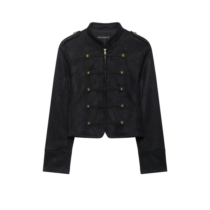 Damen Kurze Veloursjacke im Budapester‑Militärstil mit Stehkragen und dekorativen Metallknöpfen Echo Archiv