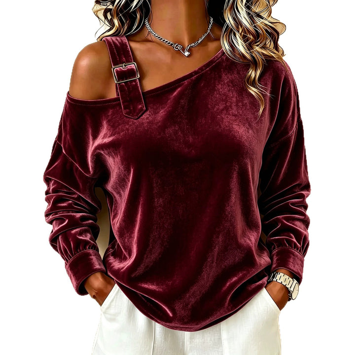Damen Samt-Sweatshirt mit asymmetrischem Carmen-Ausschnitt und Zierschnalle Echoarchiv