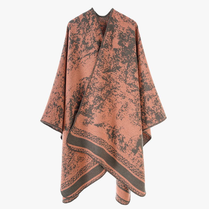 Damen Jacquard‑Überwurfponcho mit offener Front, kastiger Silhouette und fein gekettelter Saumkante – Avérine