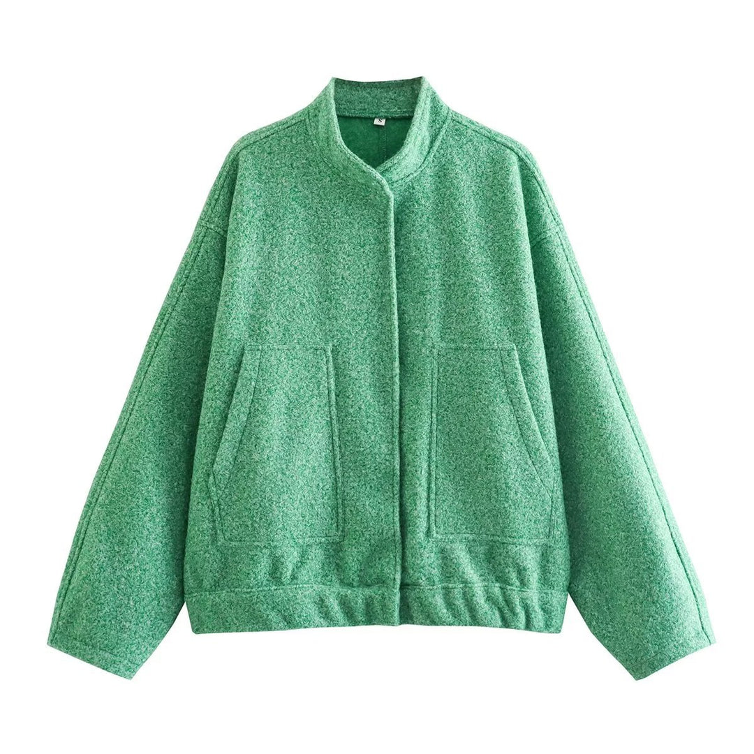 Damen boxy Wollmix-Blouson mit Stehkragen, verdeckter Frontleiste, Eingrifftaschen und elastischem Saum – Célinea