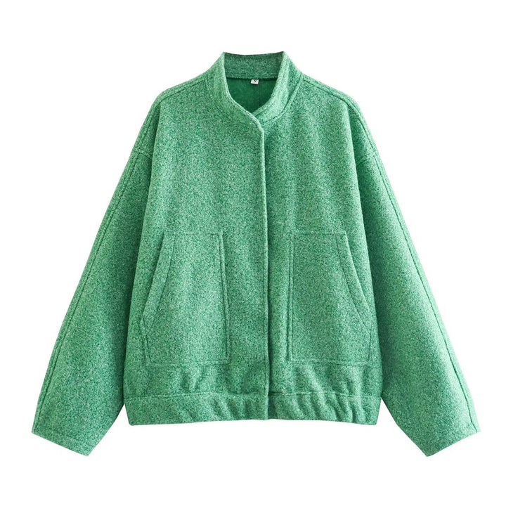Damen boxy Wollmix-Blouson mit Stehkragen, verdeckter Frontleiste, Eingrifftaschen und elastischem Saum – Célinea