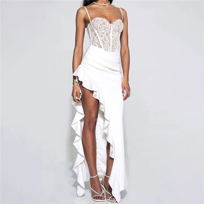 Damen elegantes Spitzen-Maxikleid mit raffinierten Drapierungen Echo Archiv