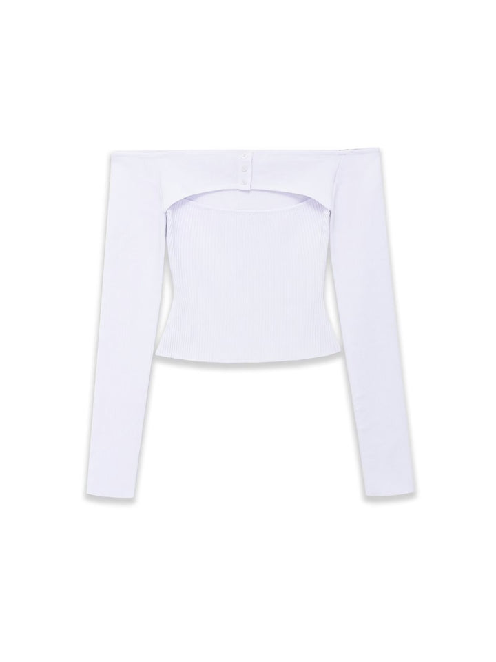 Damen Figurbetontes Off-Shoulder-Langarmtop mit integriertem Bolero und Feinstrick-Rippstruktur Echoarchiv