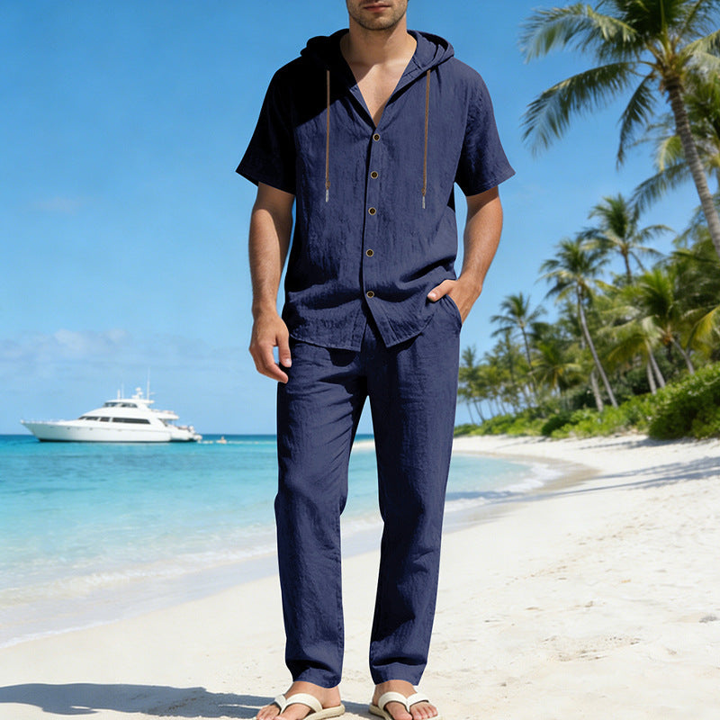 Herren nan urbanes Freizeit-Set mit kurzärmligem Kapuzenhemd, Knopfleiste und gerader Komforthose mit Tunnelzug Echo Archiv