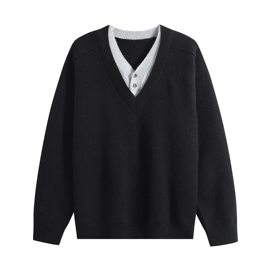 Unisex Oversize V‑Neck Strickpullover mit eingearbeiteter Henley-Optik Echoarchiv